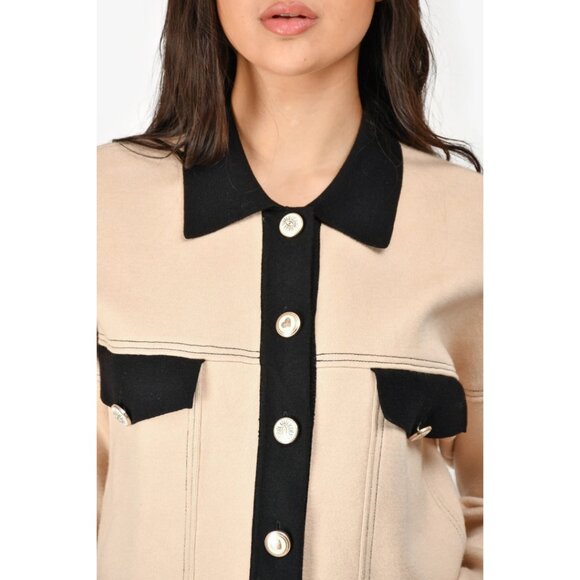 NWT Sandro Cher Cropped Cardigan Beige Black Topstitch Button Up Size 0 / XS - Picture 3 of 13